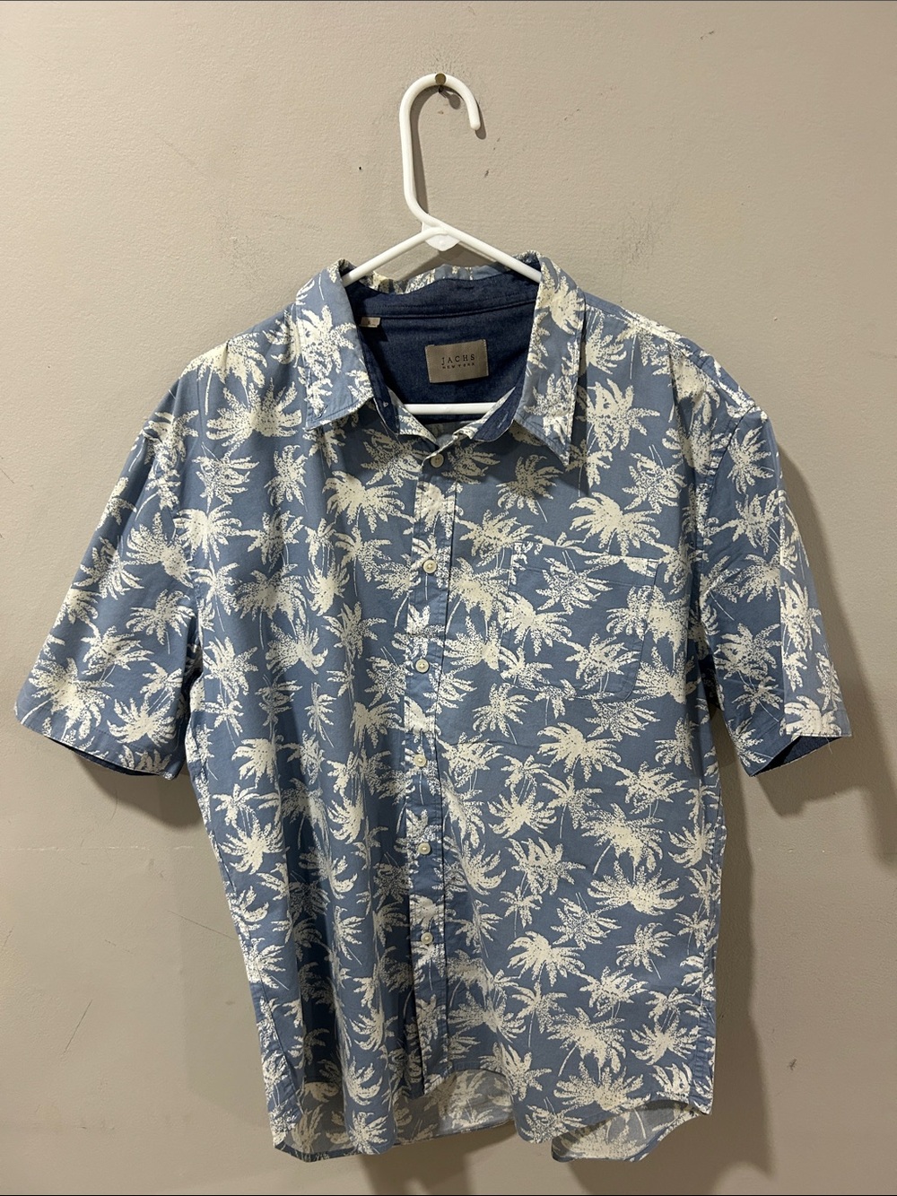 Jack by BB Dakota Blue and White Palm-Print Short Sleeve Shirt